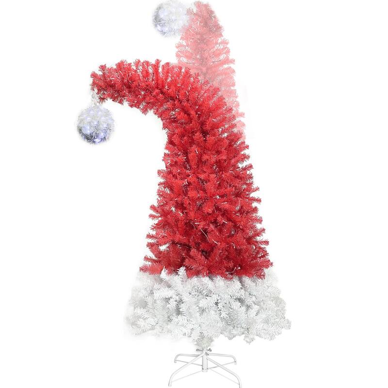 6FT Santa Hat-Inspired Artificial Christmas Tree, Bendable Top with 300 Pre-Lit LED Lights, Red & White