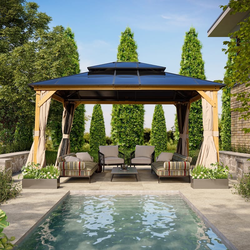 EROMMY Hardtop Gazebo,Outdoor Pergola with Double Roof & Netting & Curtains,Heavy Duty Canopy for Patio, Backyard, Pool party