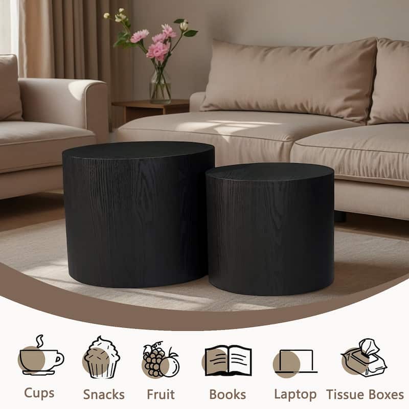 Nesting Coffee Table Set of 2, Modern Round Wooden Side Tables with Non-Slip Feet, Space-Saving Living Room Accent Tables