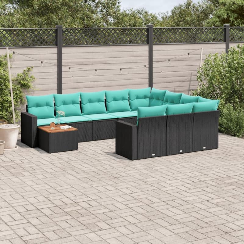 vidaXL 11 Piece Patio Sofa Set with Cushions Black Poly Rattan - 24.4x24.4x27.2 - Black