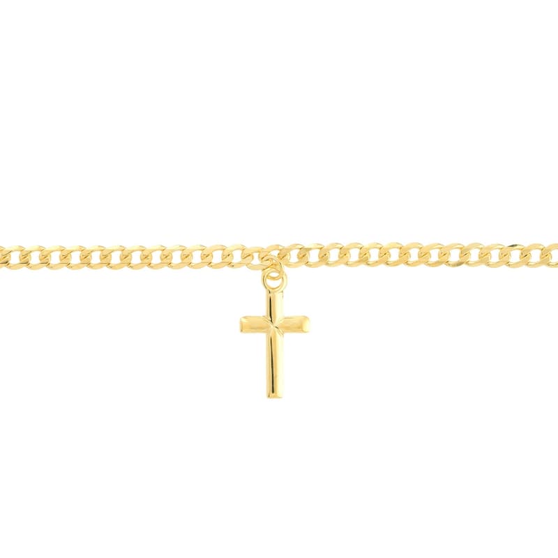 Curata 14k Yellow Gold 7.25" Dangling Cross 2.7mm Curb Chain Bracelet