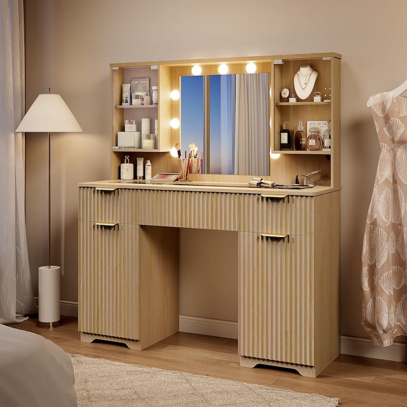 47" Modern Makeup Vanity Desk with Mirror and Large Cabinets, Dressing Table - Natural