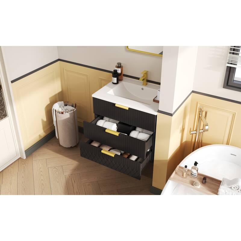 24'' Wall Mounted Bathroom Vanity with Ceramic Sink, Floating Bathroom Cabinet with 2 Drawers, Small Bathroom Storage Cabinet