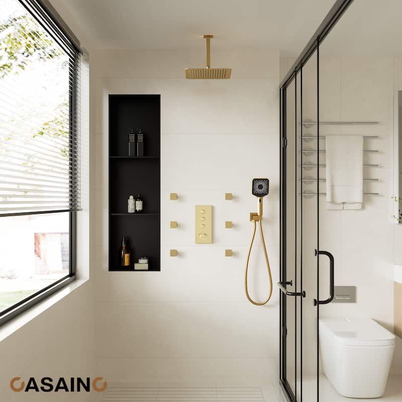 Luxury Thermostatic Shower System 3-Spray Patterns Ceiling Mount Fixed Shower Head and Handheld Spray with 6 Body Jets
