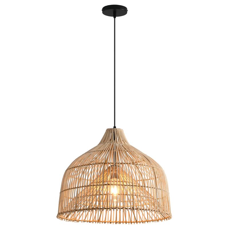 1-Light Boho Brown Rattan Hand-Woven Cloche Hanging Basket Pendant Light - 19.6" W x 62.9" H