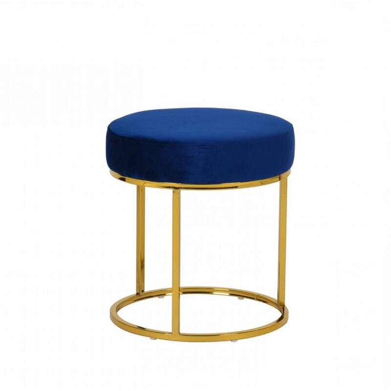 HomeRoots 16" Blue Velvet And Gold Round Footstool Ottoman