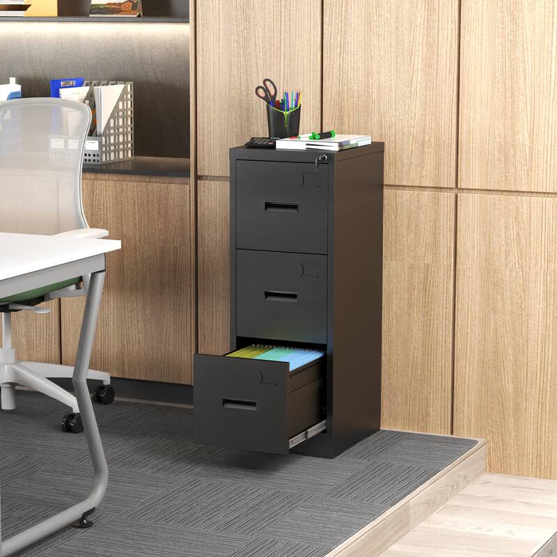 3 Drawer Metal Vertical File Cabinet with Lock and Card Slot File Cabinet for A4 Legal/Letter Size Narrow File Cabinet Locked