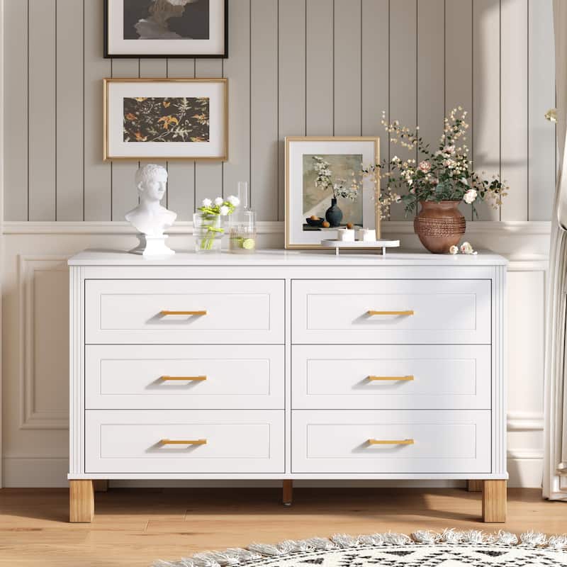 Modern Storage 6 Drawers Cabinet with Metal Handles and Solid Wood Legs