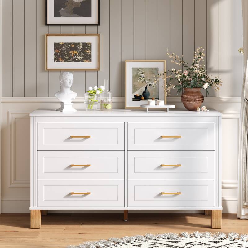 Roomfitters 6-Drawer Double Dresser, Modern Bedroom Storage Cabinet with Solid Wood Legs & Metal Handles - White