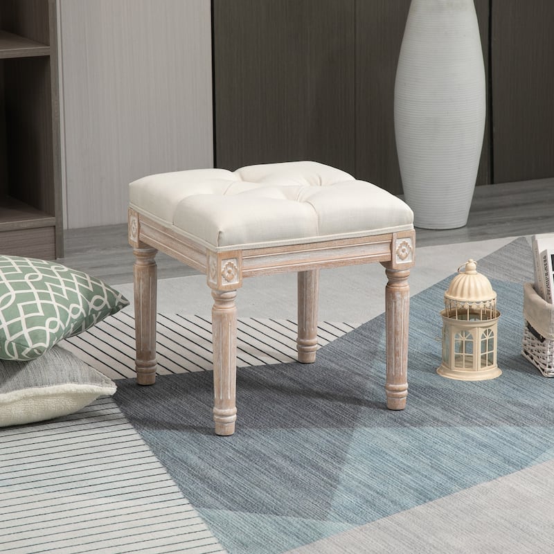 Upholstered Foot Stool with Button-Tufted Linen Cushion and Fluted Wooden Legs for Living Room