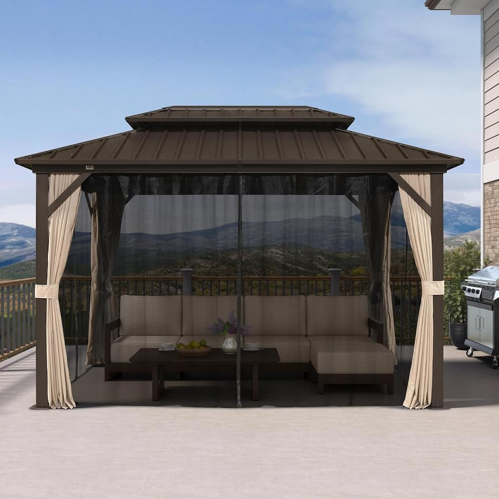 PURPLE LEAF Gazebo Outdoor Gazebo with Dual-Layer Galvanized Steel Double Roof Aluminum Gazebo with Netting and Curtains Bronze
