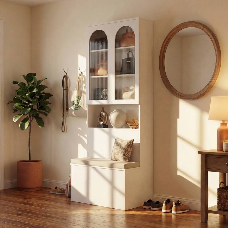 Entryway Cabinet Tempered Glass DoorsStorage Bench with Cushion, Modern Mudroom Hall Tree Organizer with Hidden Storage