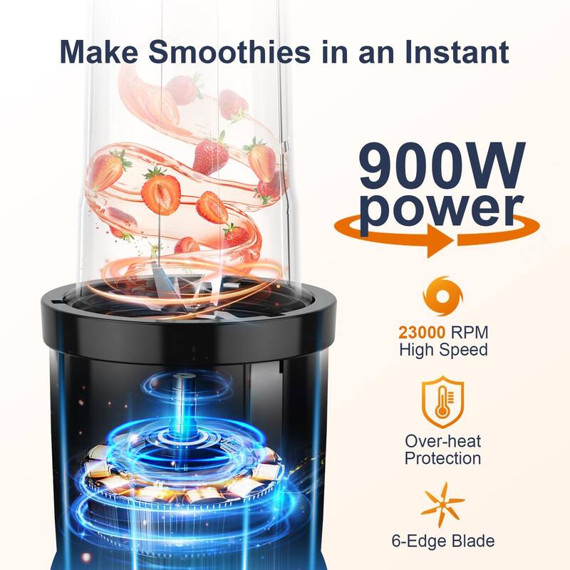 900W Smoothie Blender, Personal Blender with 2 BPAFree 22 oz Portable