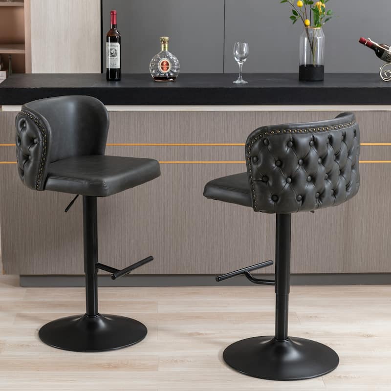 Roomfitters Modern PU Leather Swivel Bar Stools Set of 2, Adjustable Height Bar Chairs with Tufted Back and Black Metal Base - Dark Grey