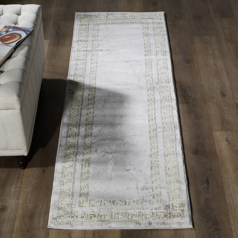 Brooklyn Collection Abstract Grey/Gold Border Area Rug - 2'2'' X 7'8''