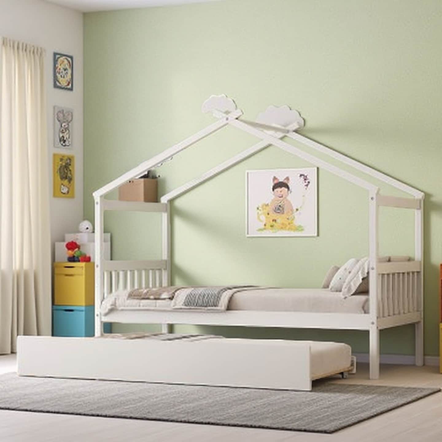 Full Size Kids House Bed with Pull-Out Twin Trundle, Solid Pine Frame, Imaginative Roof Design
