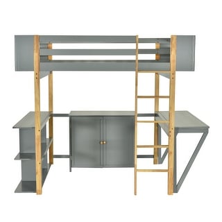 Versatile Full Size Wooden Loft Bed with Foldable Desk,Storage Cabinet and Cubes