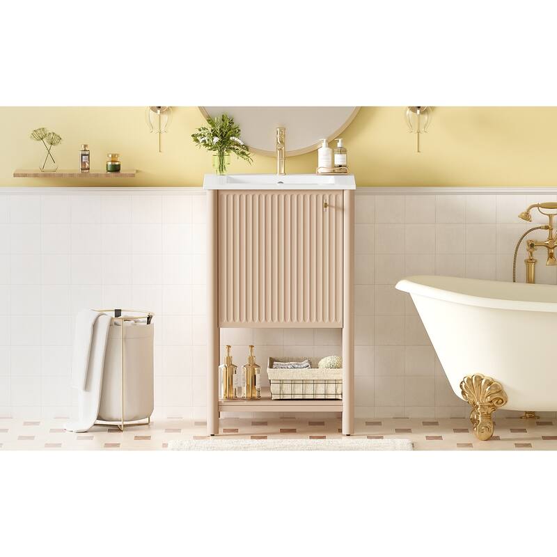 Anmytek 20 Inch Freestanding French Style Bathroom Vanity with Ceramic Sink Single Vanity Set Soft Closing Door