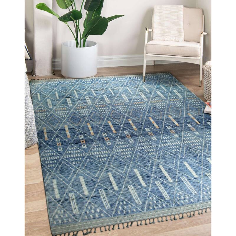 Home Decor Blue Hand-Knotted Wool Contemporary Marrakech Handspun Area Rug. Elegant and Durable Rug for Enhancing Your Living Ro