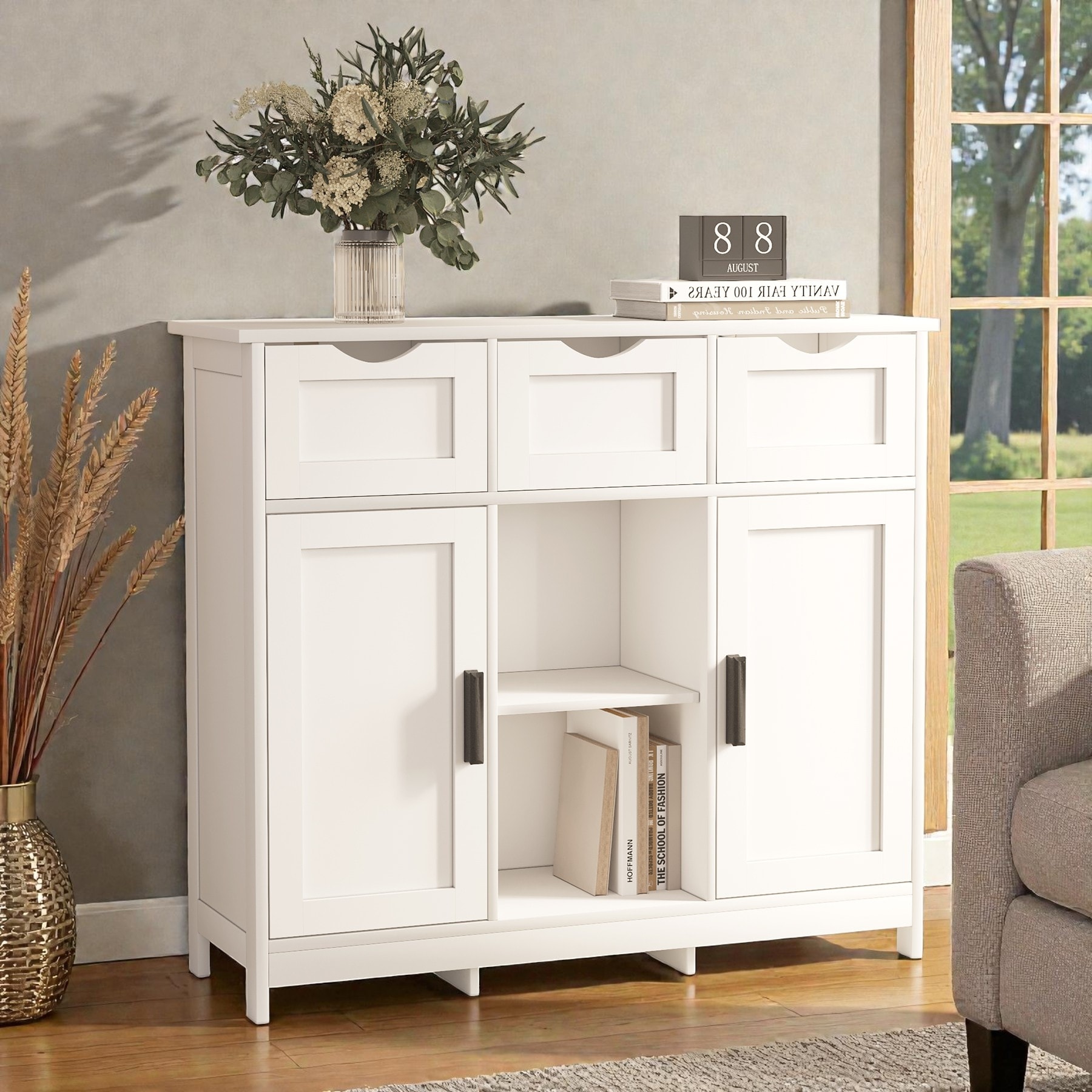 Wooden Storage Cabinet with Drawers and Adjustable Shelves, Floor Accent Cabinet for Living Room Bedroom