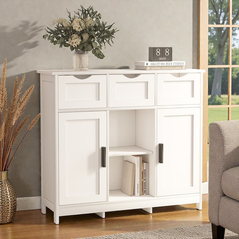 Wooden Storage Cabinet with Drawers and Adjustable Shelves, Floor Accent Cabinet for Living Room Bedroom - White