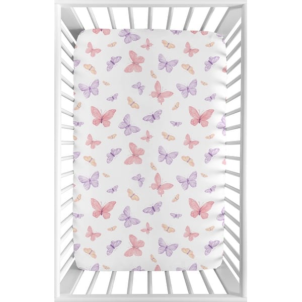 slide 2 of 6, Sweet Jojo Designs Pink/Purple Shabby Chic Butterfly Girl Fitted Mini Portable Crib Sheet Colorful Butterflies Pastel Watercolor
