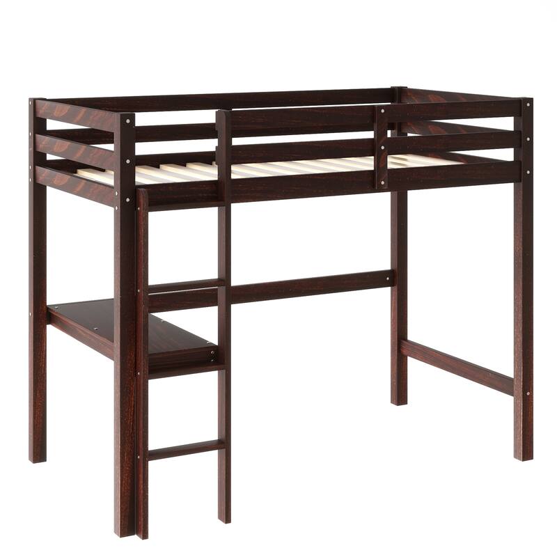 Classic Twin High Loft Bed, Rubber Wood Loft Bed Frame with Built In Desk, Solid Wood Twin Size Loftbed Frame