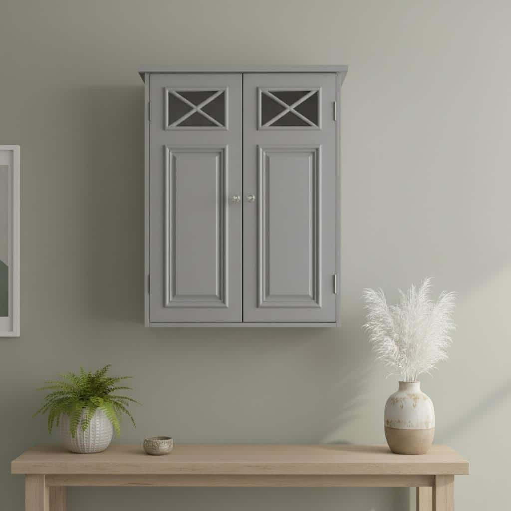 Teamson Home Dawson 2-Door Gray Bathroom Wall Cabinet, Removable Glass Panel, Adjustable Shelf, Cross Molding Storage