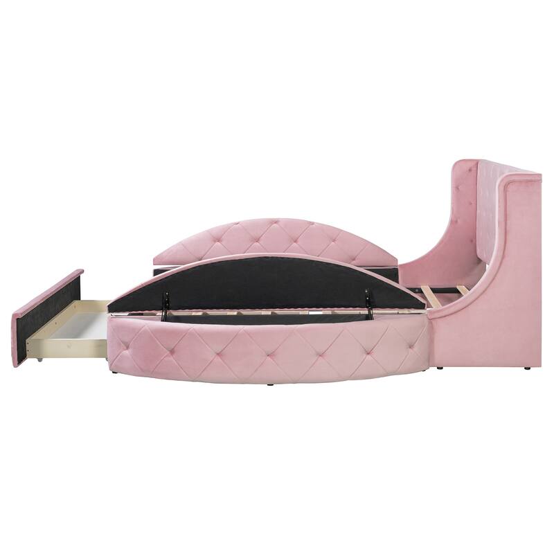 Roomfitters Queen Size Upholstered Platform Bed with Storage Drawer and Velvet Wingback Headboard