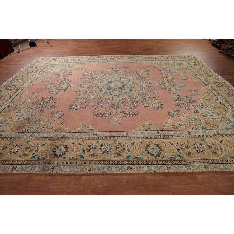 Pink Tabriz Vintage Persian Area Rug Handmade Wool Carpet - 9'9" x 13'0"