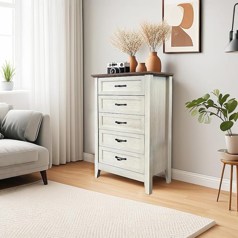 Vintage 5 Drawer Dresser Storage Organizer for Closet Living Room - White