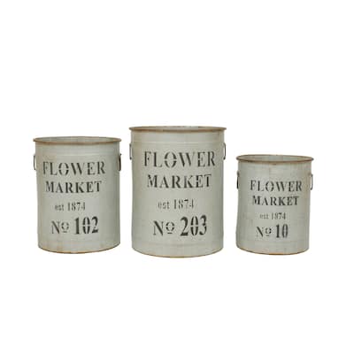 Decorative Metal Buckets with Handles and "Flower Market" Text - Grey