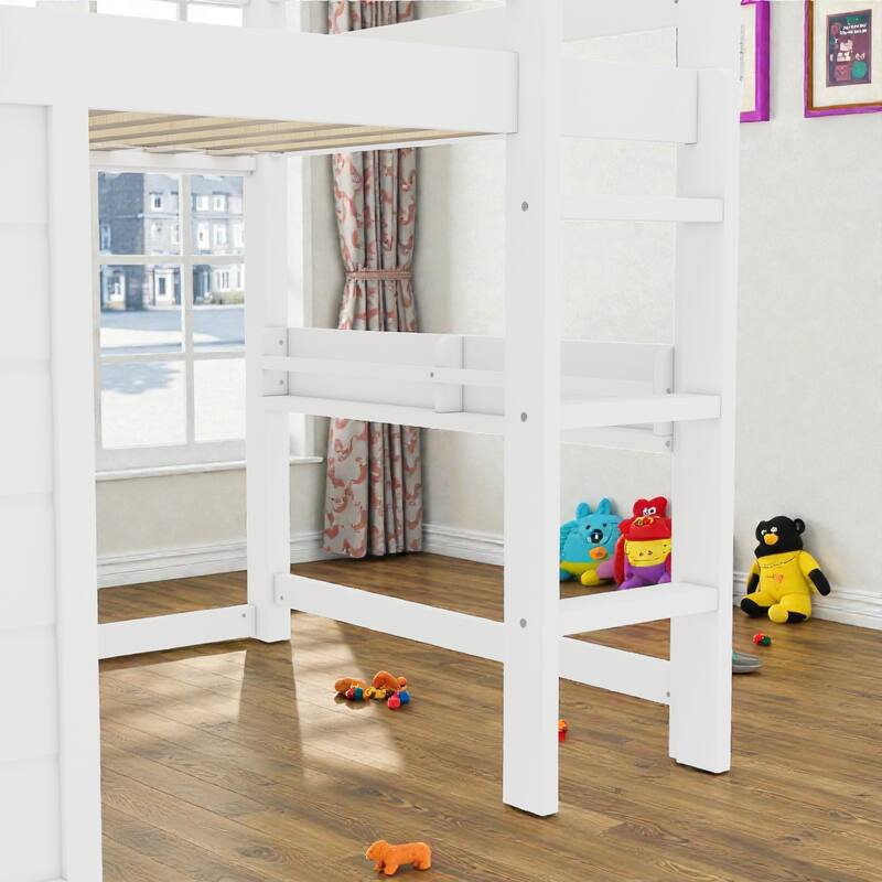 Twin/Full Loft Bed with Sliding Chalkboard, Built-in Bookshelf, Solid Wood Frame & Safety Guardrails, Kids Playhouse Bed