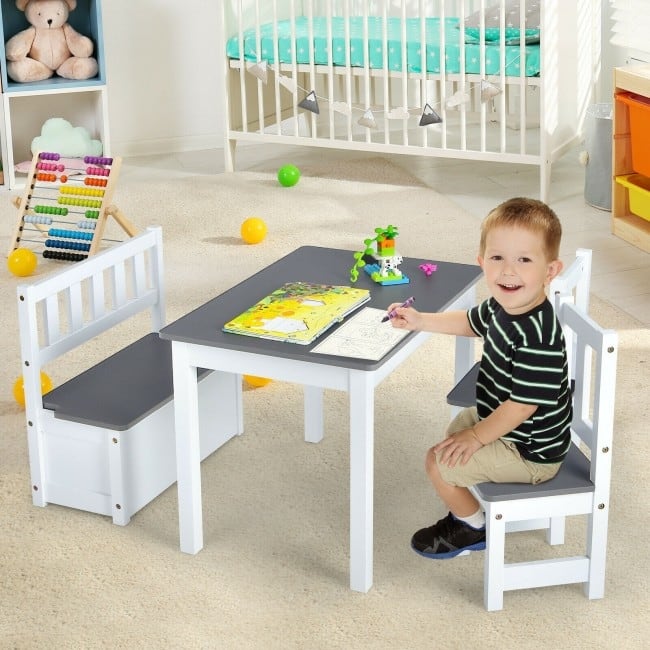 4 Pieces Kids Wooden Activity Table and Chairs Set with Storage Bench and Study Desk - 27.5" (L) X 19" (W) X 20" (H)