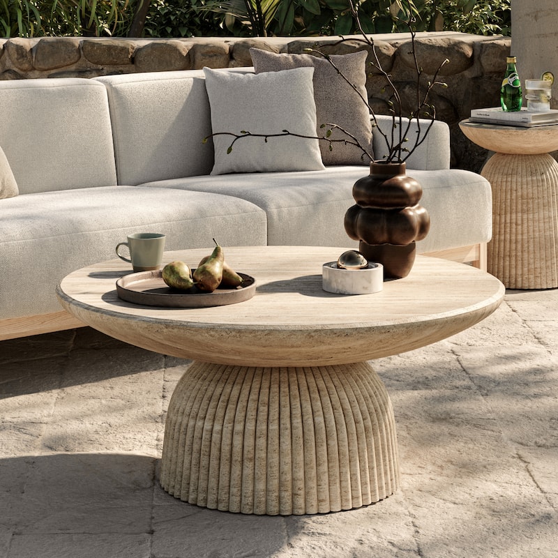 Studio London Maddox Single Round Coffee Table Stone Marble Effect - Faux Travertine small