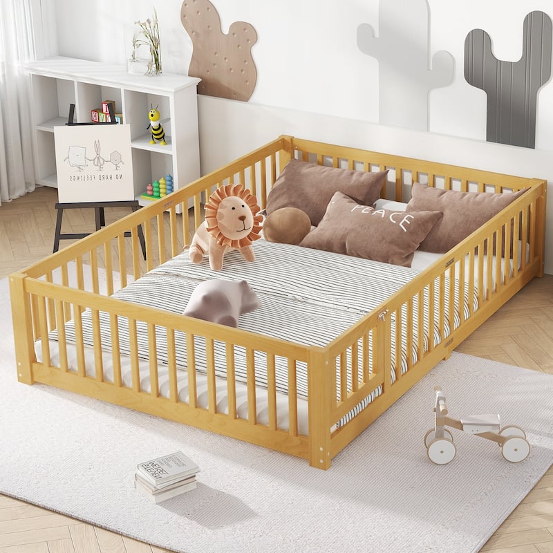 Montessori Toddler Floor Bed with Fence and Switchable Door, Low Profile Bed Frame with Removable Slats, Safe Transition Bed - Natural - Queen