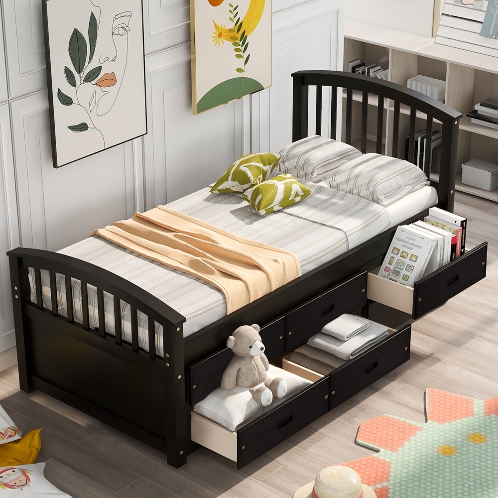 Platform Storage Bed Solid Wood Bed with 6 Drawers