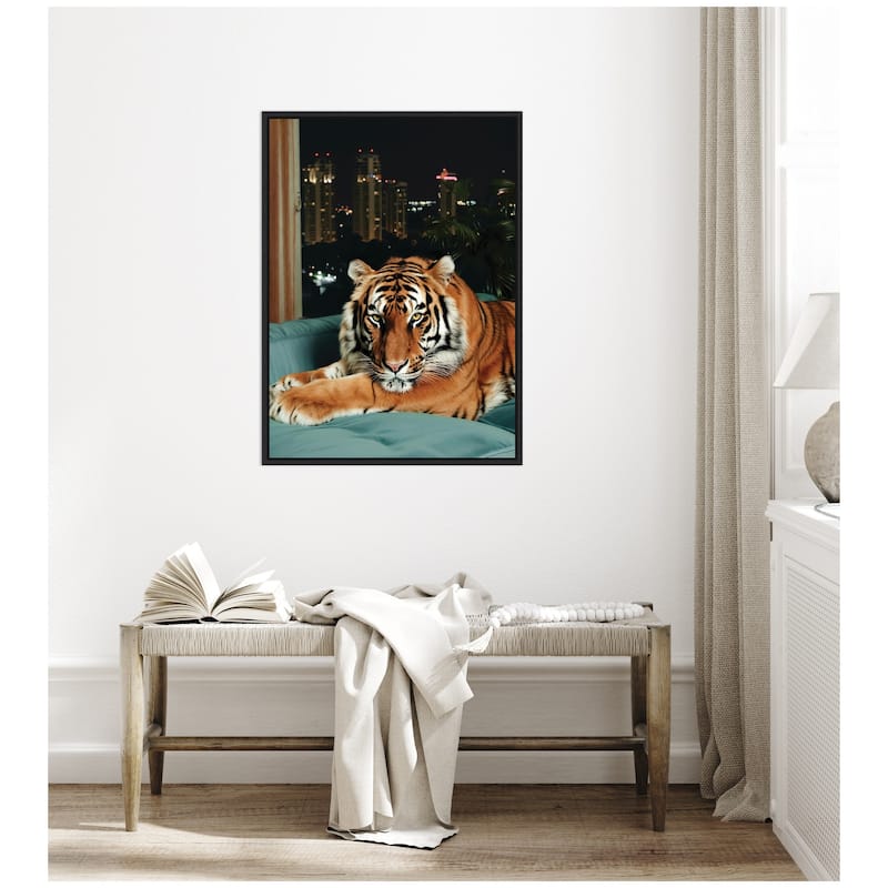 Kate and Laurel Sylvie Tiger in the City at Night 1 Framed Canvas by Michael Schauer