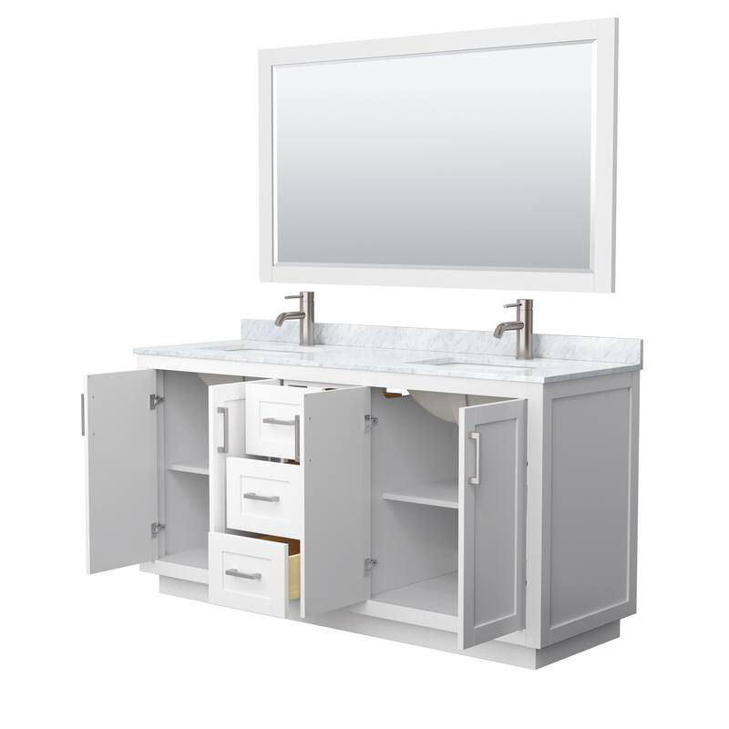 Miranda Bathroom Vanity Set, White Carrara Marble Top, 58-Inch Mirror