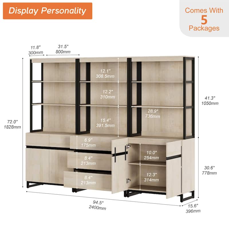 WAMPAT 3 PCS Modern 72" Tall Bookcase with 3 Drawers and Adjustable Shelves, Library Book Shelf with Storage Cabinet