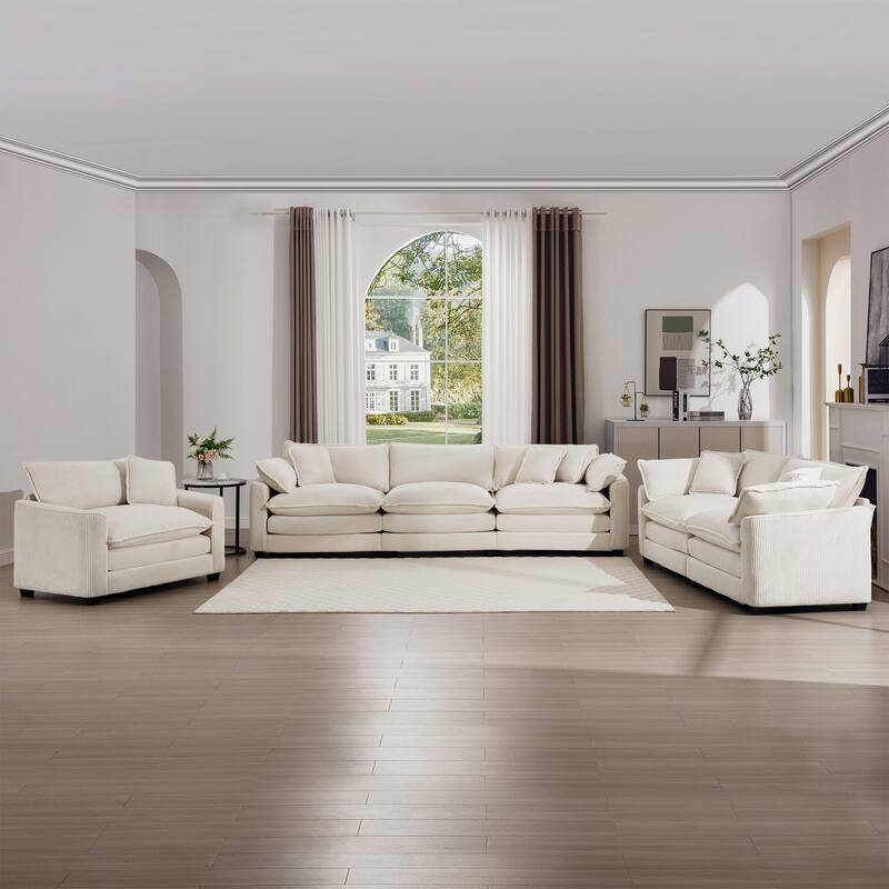 Oversized 3 - Piece Sofa Set with Corduroy 3-Seater Sofa and 2-Seater Loveseat & Single Deep Seat Sofa Chair for Livingroom - Beige