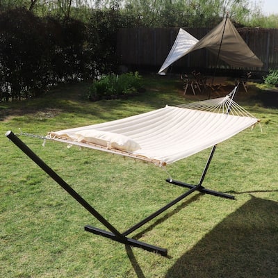 VEIKOUS 12 ft. Quilted 2-Person Hammock with Stand and Detachable Pillow