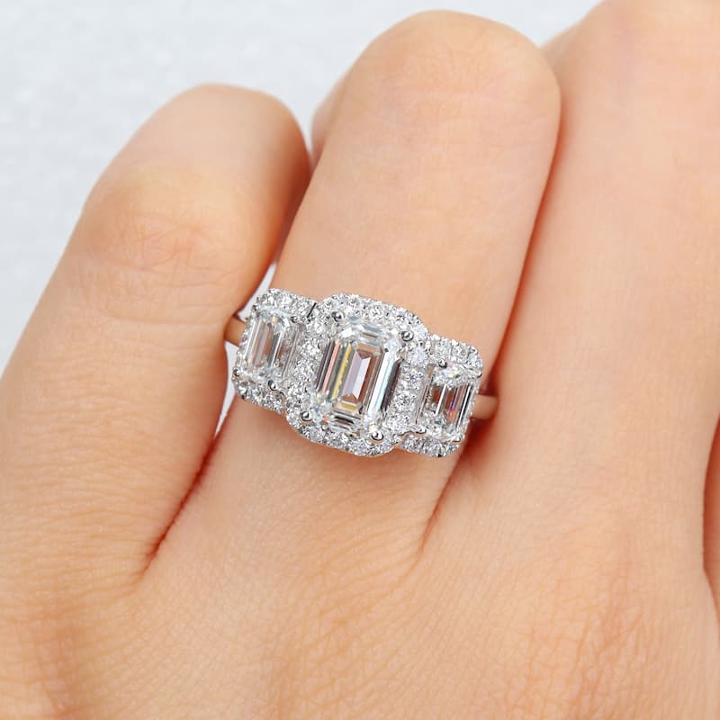 3ct TDW Emerald-Cut Lab-Grown Diamond and Tsavorite Accent 3-Stone Ring in 14k White Gold