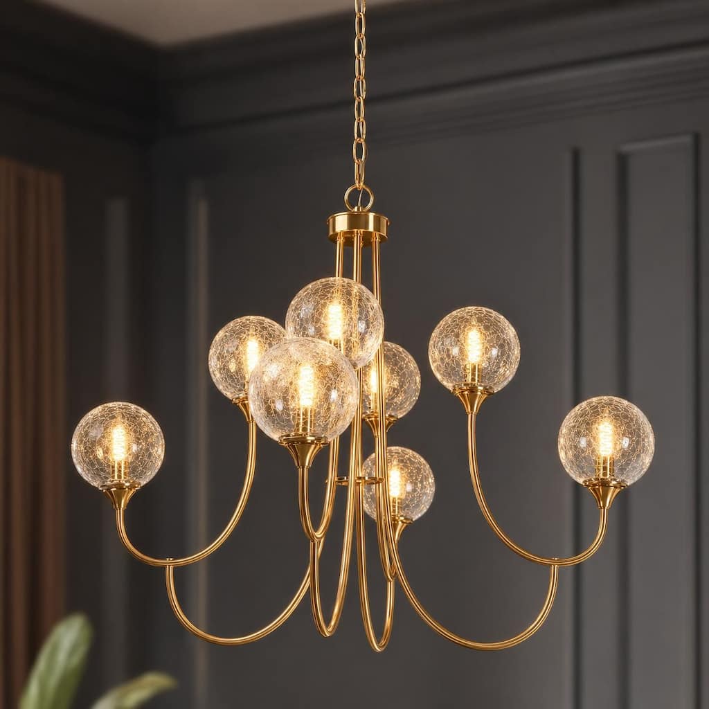 Modern Gold 8-Light Orb Textured Glass Dimmable Chandelier for Dining Living Room Foyer - Dia. 36.6"xH 30.7"