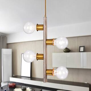 Vertical Linear Pendant Light Wood Grain+Matte Gold 4-Light