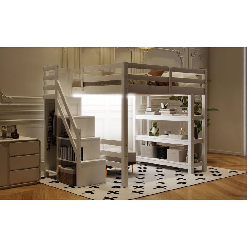 Wooden Loft Bed Frame with 4-tier Storage Shelf, Small Wardrobe, White LED Light and Storage Staircase, Space Saving Storage Bed
