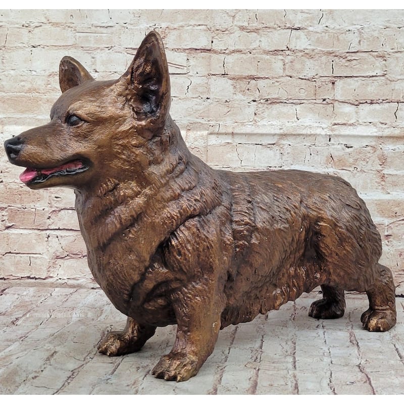 Bronze Metal Corgi Imitative Dog Sculpture Statue Figurine Collectible Decor Signed Art