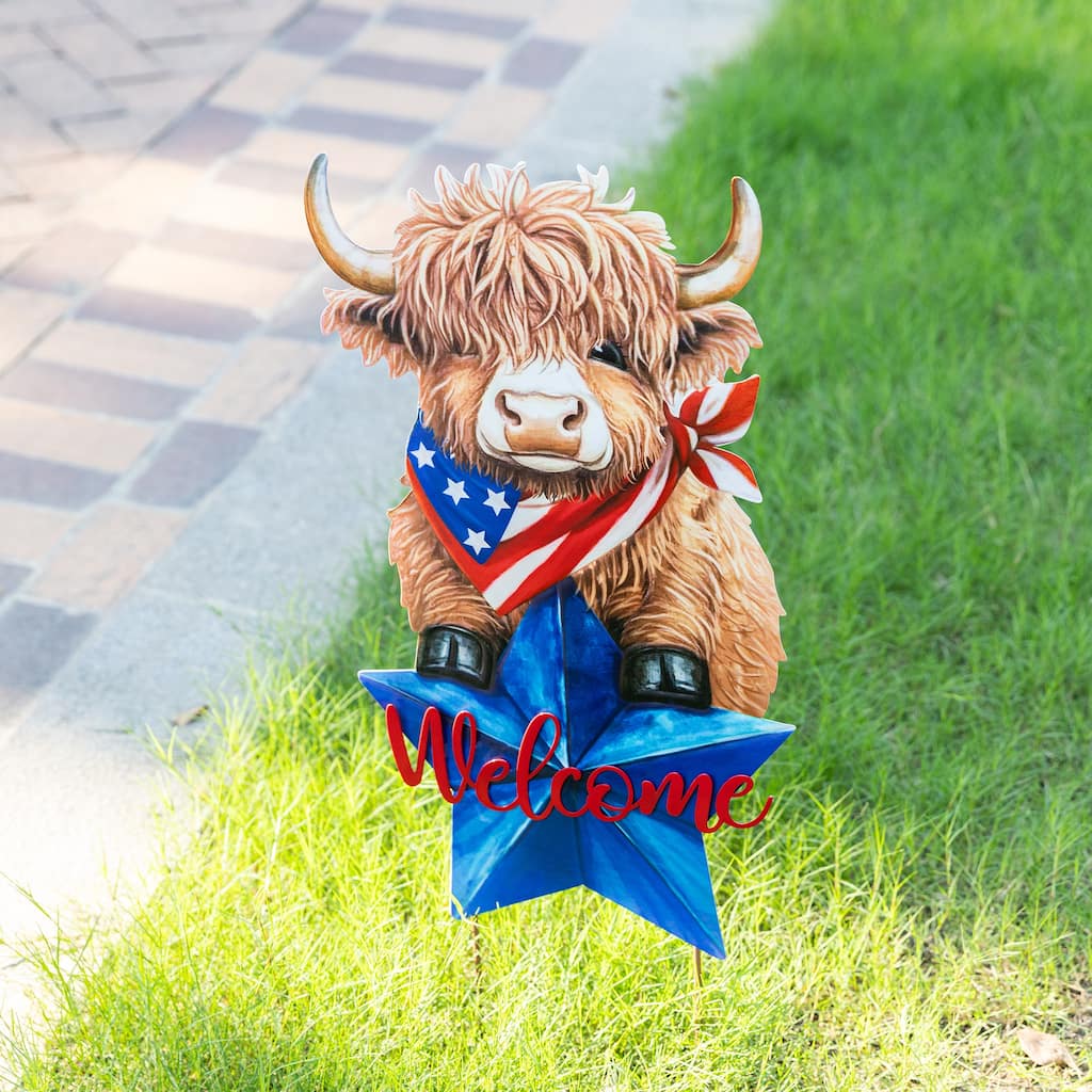 Glitzhome 30"H Patriotic/ Americana Metal Highland Cow Yard Stake Wall Decor
