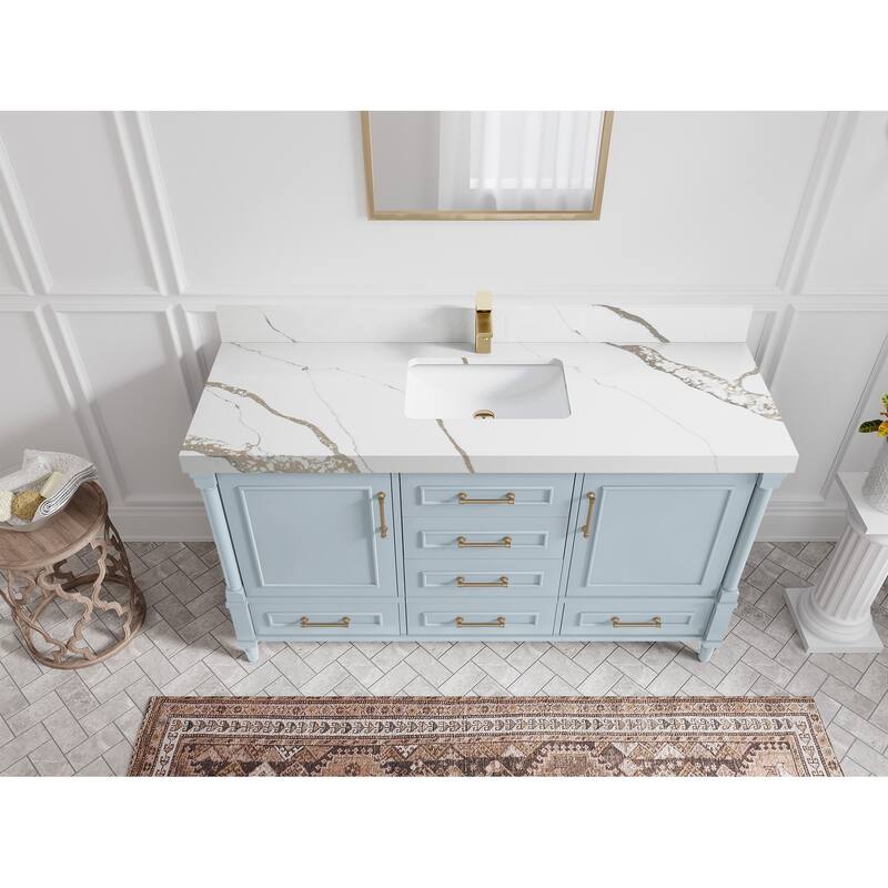 Willow Collections 60 in. W x 22 in. D Reeded Aberdeen Double Bowl Sink Bathroom Vanity with Countertop - 2"Calacatta Gold - Blue Heather