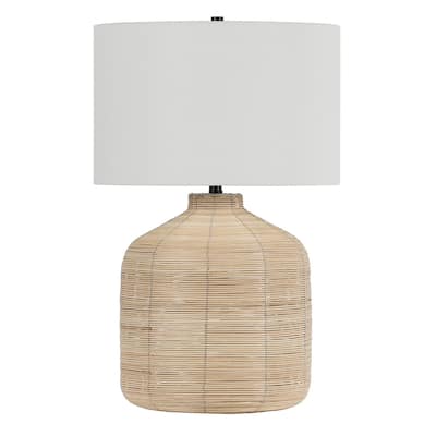 27" Coastal Rattan Table Lamp with Linen White Drum Shade and Included 72" Cord for Bedroom or Living Room